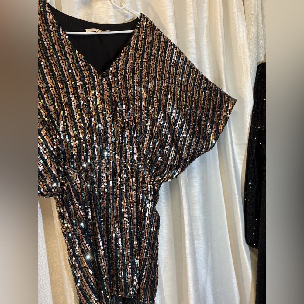 Karlie Black & Rose Gold Sequin Dress V-Neck Dolman Sleeve Medium Party Cocktail - Picture 4 of 15